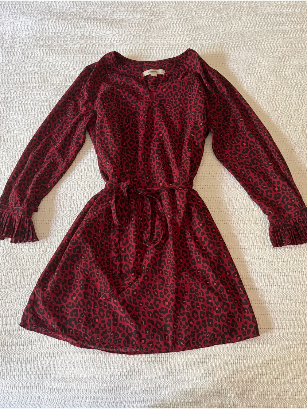 LOFT Petites Red Leopard Print Long Sleeve Tie-Waist Dress
